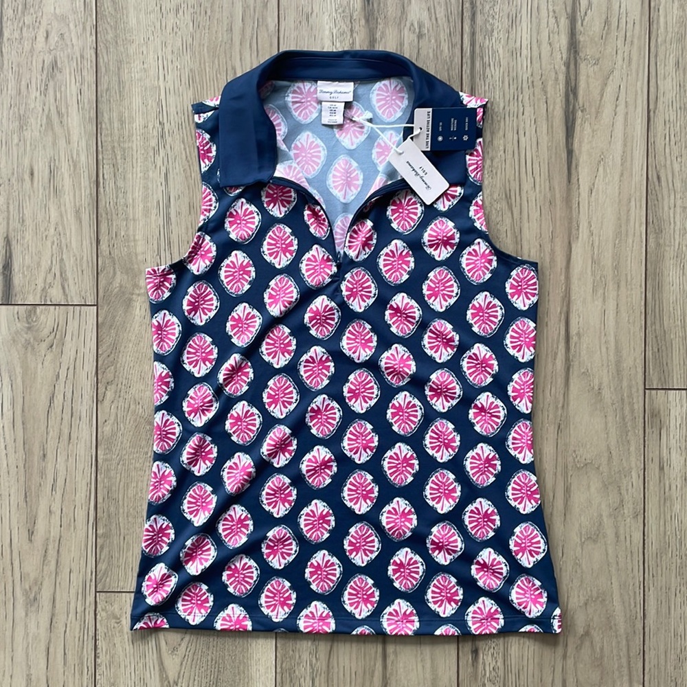 NWT Tommy Bahama Golf Quarter Zip Pink and Blue Floral Collared Tank Top